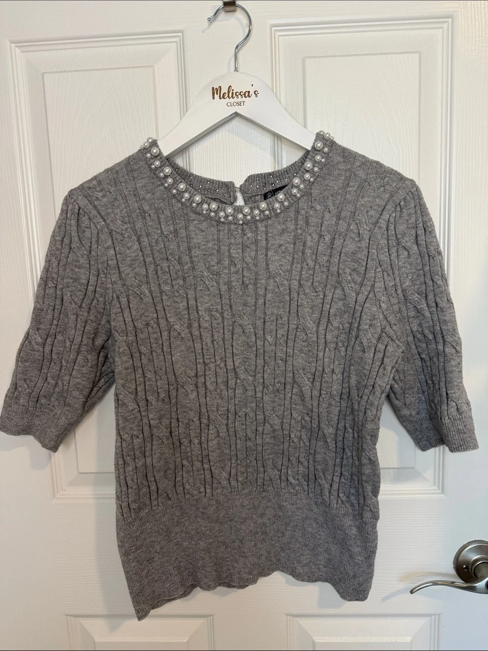 Adrianna Papell Gray Pearl-Embellished Cable Knit Sweater size L